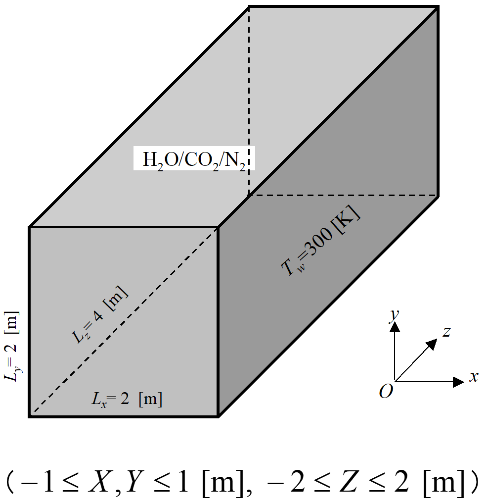 解析モデル　横幅Lx=2[m]、高さLy=2[m]、奥行きLz=4[m]の三次元長方形空間　Tw=300K、-1