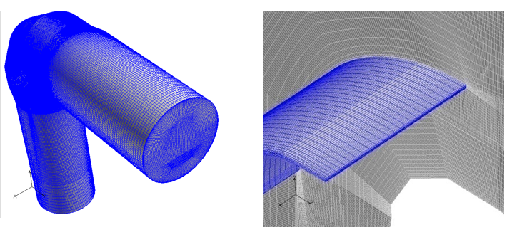 解析対象図 左は流体が流れる管路全体のモデル、右は案内板の溶接部付近を拡大したモデル
